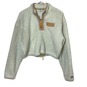 CHAMPION cropped Sherpa fleece quarter zip jacket size LARGE cream w/ tan accent